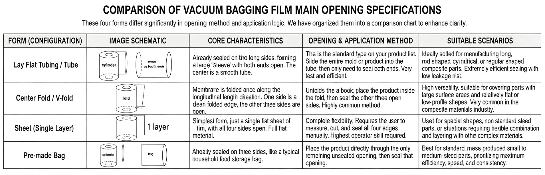 comparison of vacuum bagging film main opening specifications comparison of vacuum bagging film main opening specifications